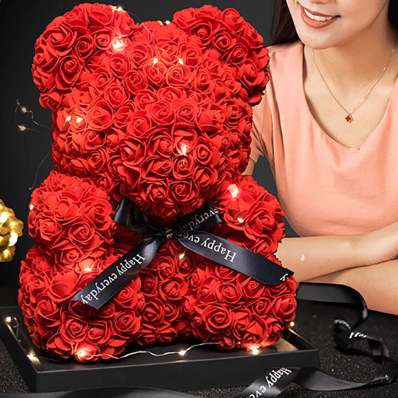 Teddybär aus Künstlichen Rosen mit Licht und Geschenkbox