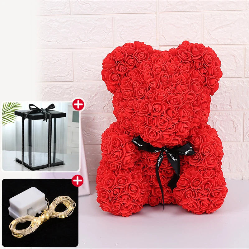 Teddybär aus Künstlichen Rosen mit Licht und Geschenkbox