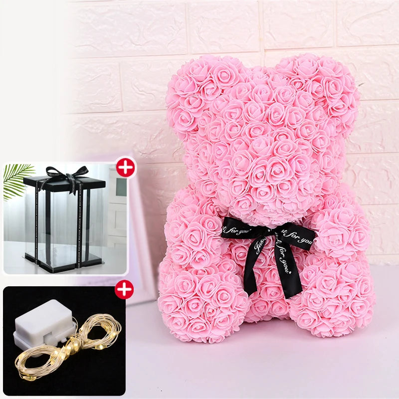 Teddybär aus Künstlichen Rosen mit Licht und Geschenkbox