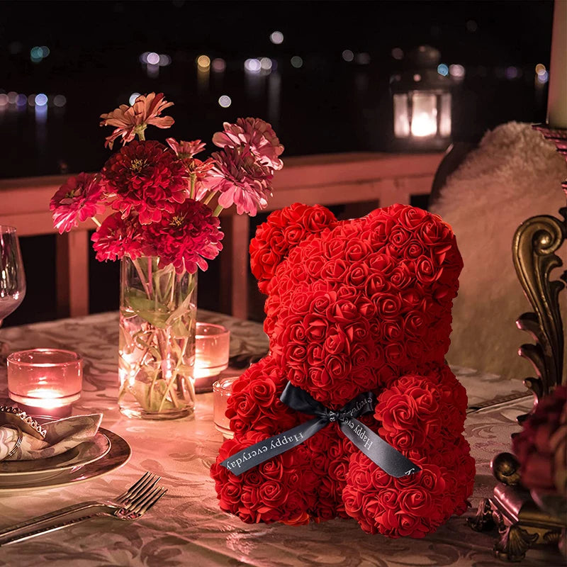 Teddybär aus Künstlichen Rosen mit Licht und Geschenkbox