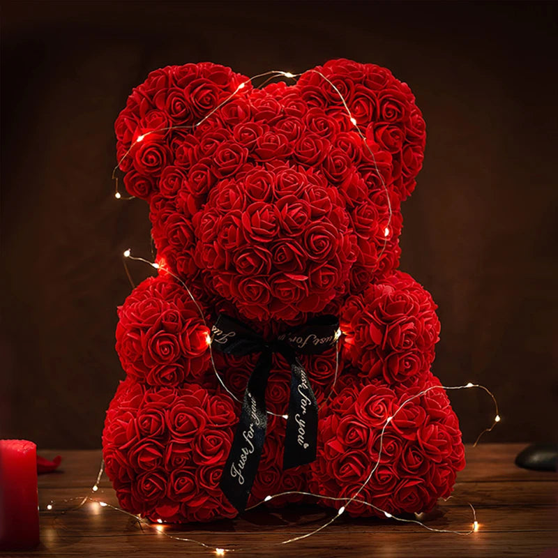 Teddybär aus Künstlichen Rosen mit Licht und Geschenkbox