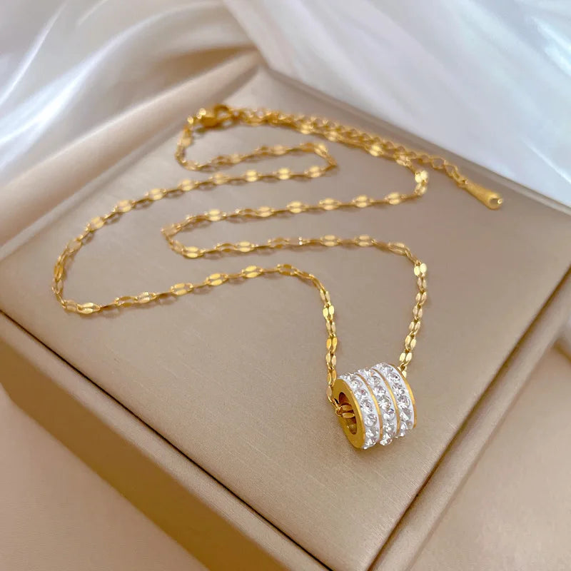 Edelstahl Choker Halskette mit Drei Reihen Zirkon Charms