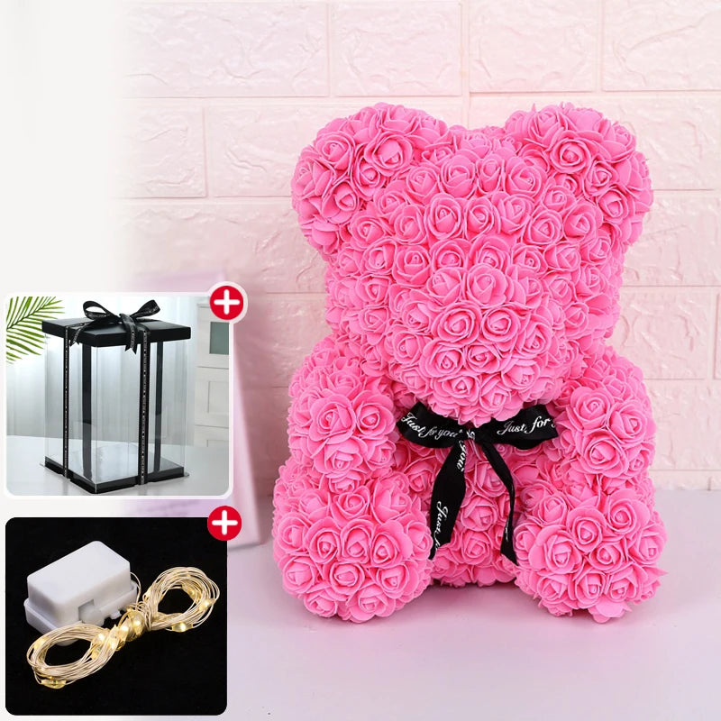Teddybär aus Künstlichen Rosen mit Licht und Geschenkbox