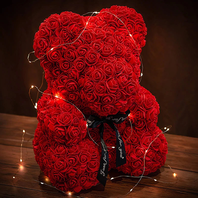 Teddybär aus Künstlichen Rosen mit Licht und Geschenkbox