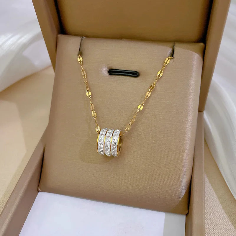 Edelstahl Choker Halskette mit Drei Reihen Zirkon Charms
