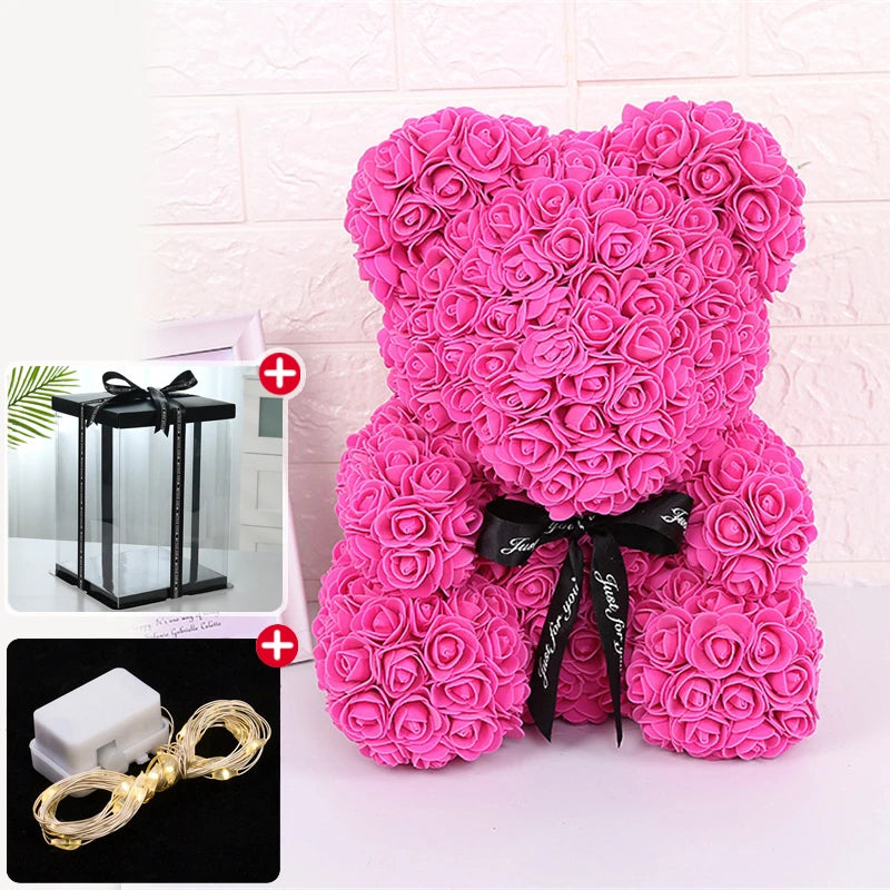 Teddybär aus Künstlichen Rosen mit Licht und Geschenkbox