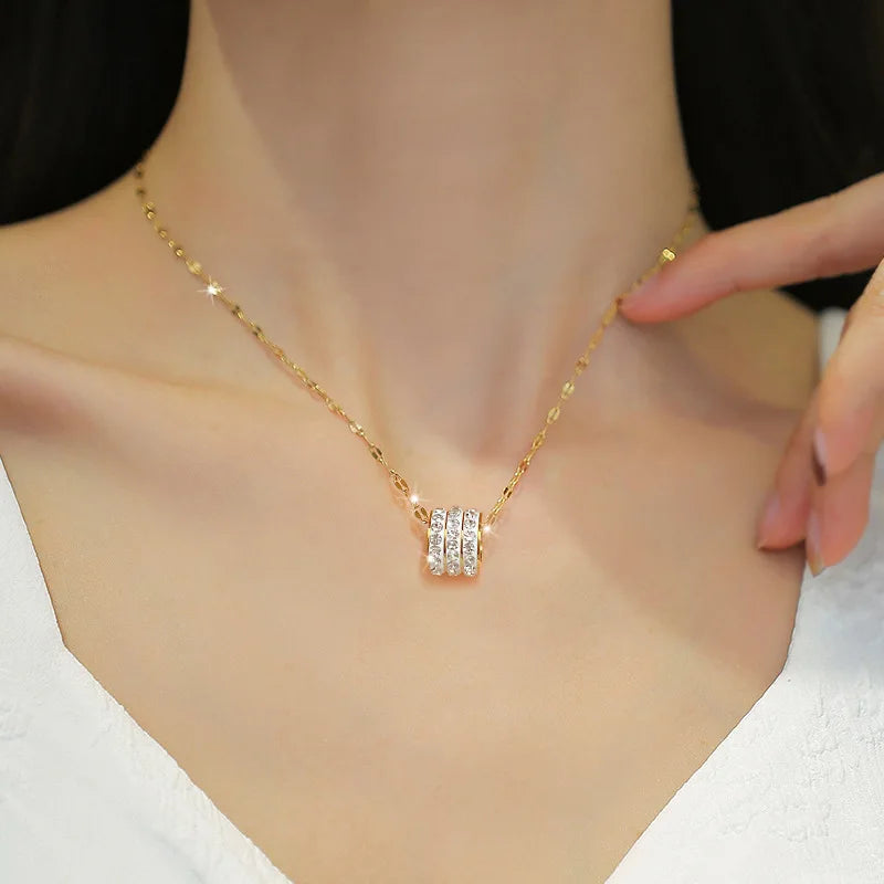 Edelstahl Choker Halskette mit Drei Reihen Zirkon Charms