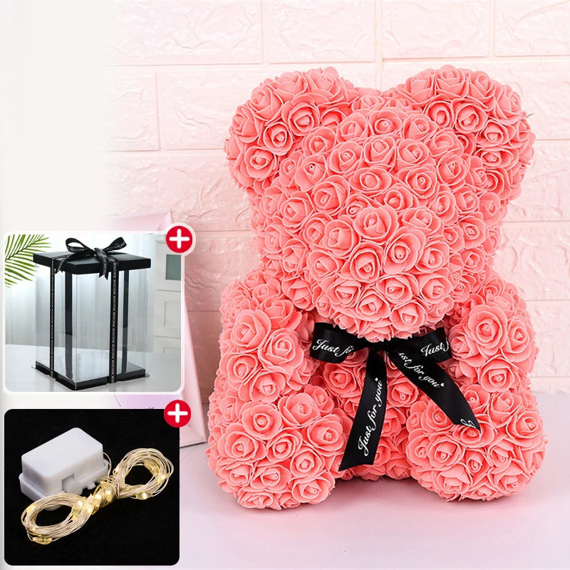 Teddybär aus Künstlichen Rosen mit Licht und Geschenkbox
