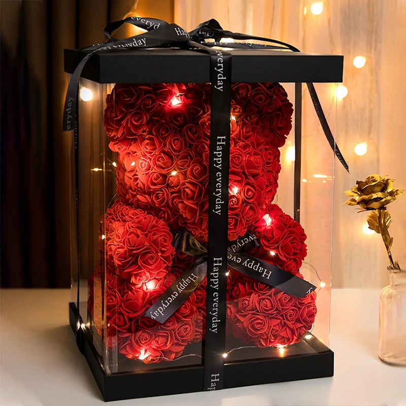 Teddybär aus Künstlichen Rosen mit Licht und Geschenkbox